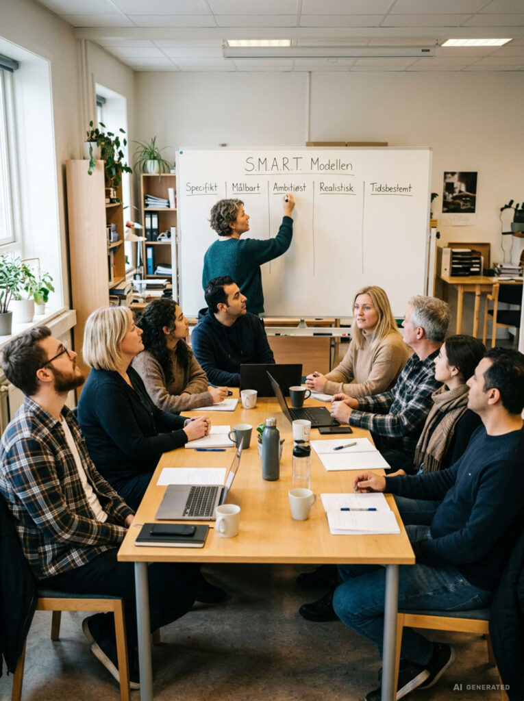 Teammøde i HabitusHuset Langbrovej med medarbejdere samlet omkring et bord og en tavle med SMART-modellen.